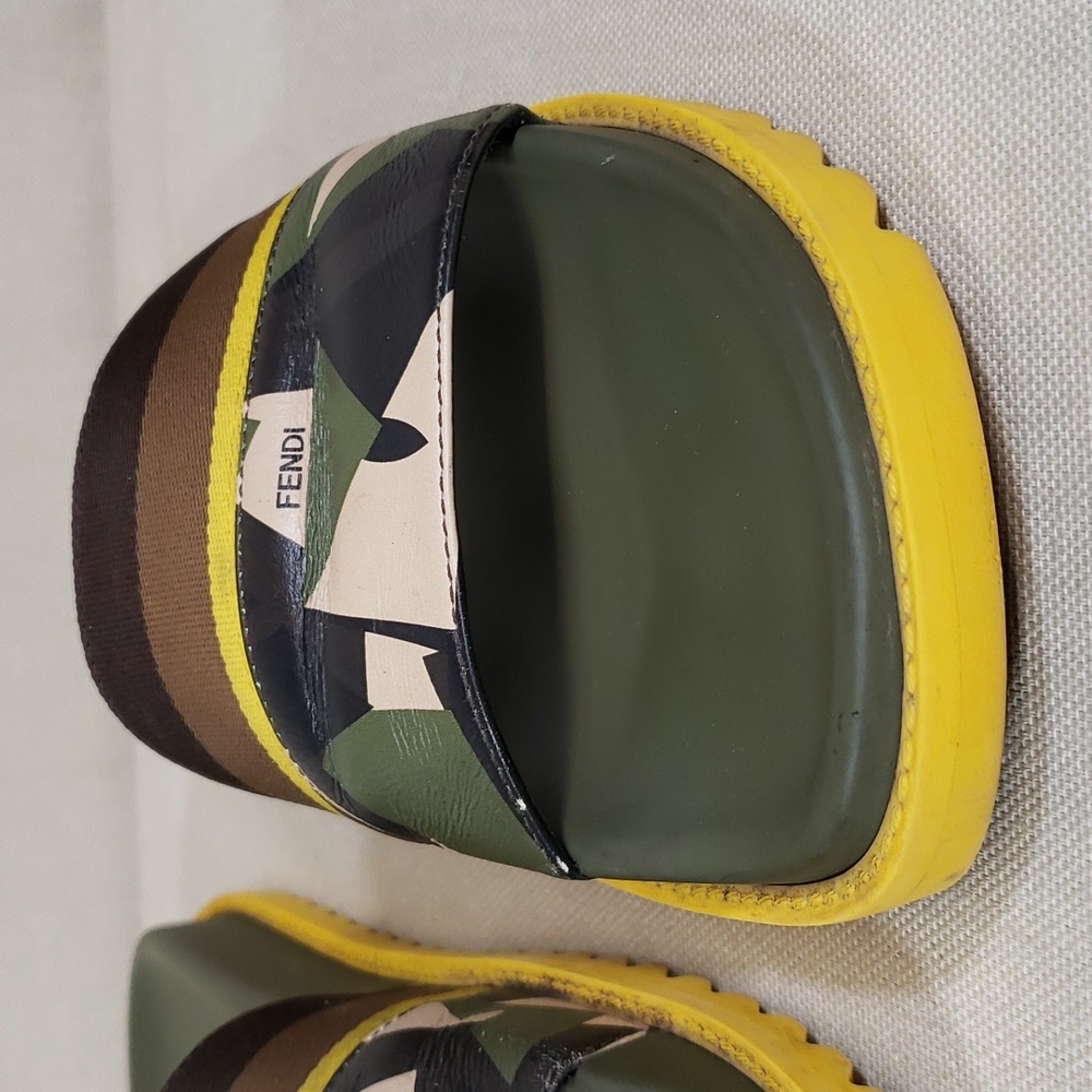 Fendi Olive Green Yellow Brown Patterned Slide Sandals - Picture 2 of 9